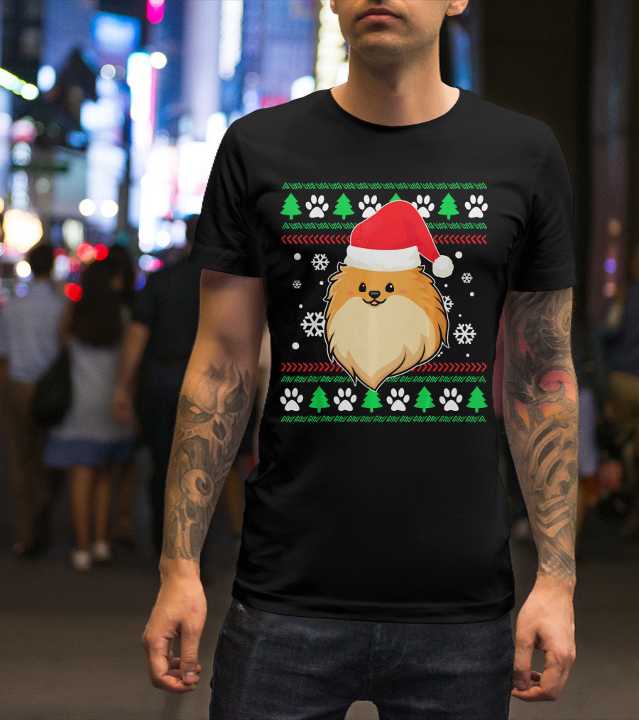 Pomeranian Santa Hat Ugly Christmas Sweater Snowflakes Trees Paws T-Shirt