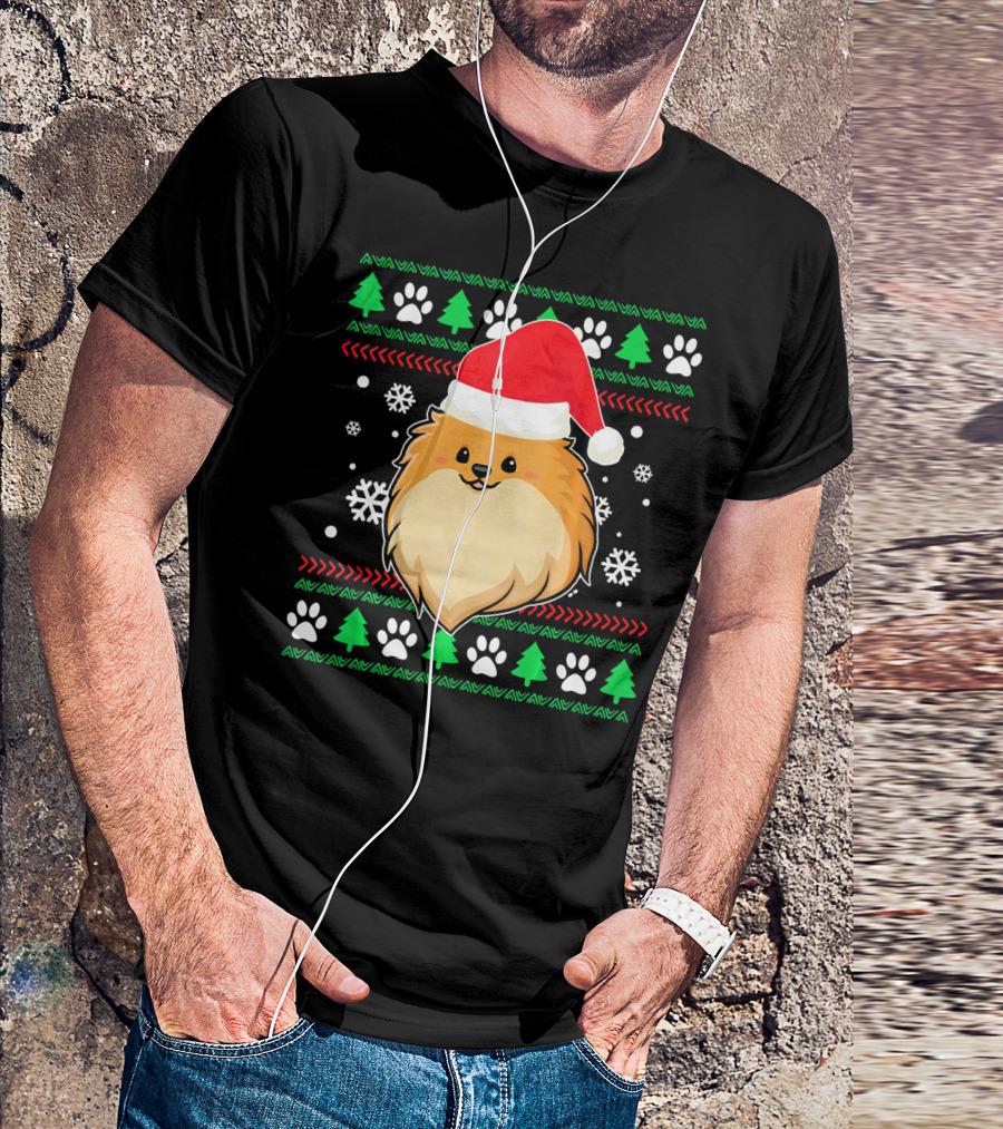 Pomeranian Santa Hat Ugly Christmas Sweater Snowflakes Trees Paws T-Shirt
