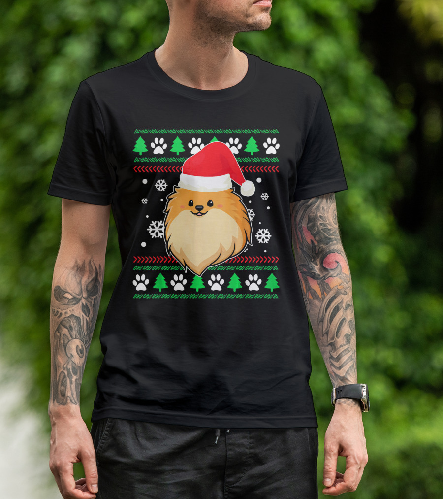 Pomeranian Santa Hat Ugly Christmas Sweater Snowflakes Trees Paws T-Shirt
