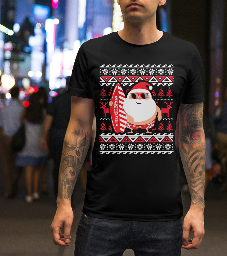Surfing Santa Claus Merry Christmas Hawaii Red Reindeer Snowflakes T-Shirt