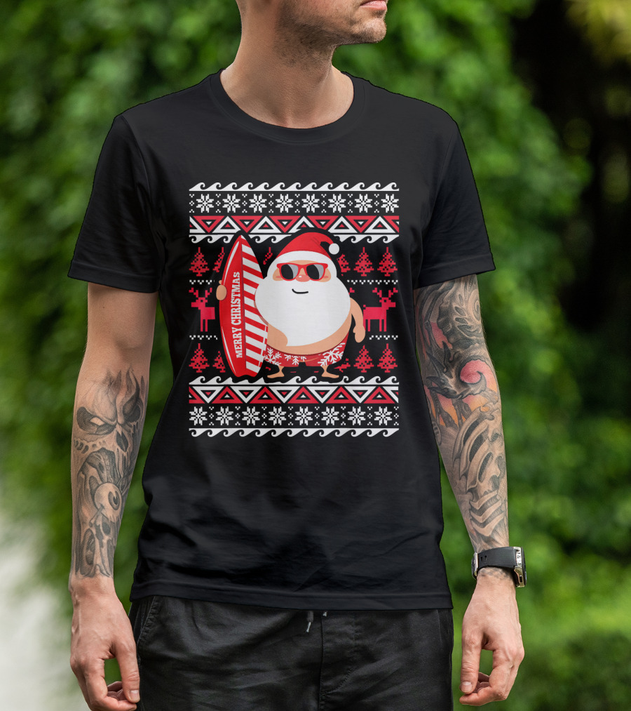 Surfing Santa Claus Merry Christmas Hawaii Red Reindeer Snowflakes T-Shirt