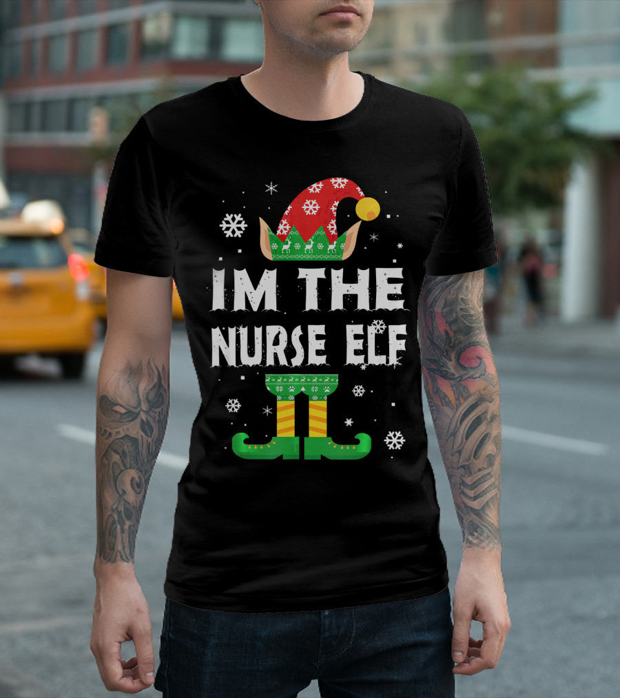Im The Nurse Elf Matching Family Group Christmas Holiday Snowflakes T-Shirt