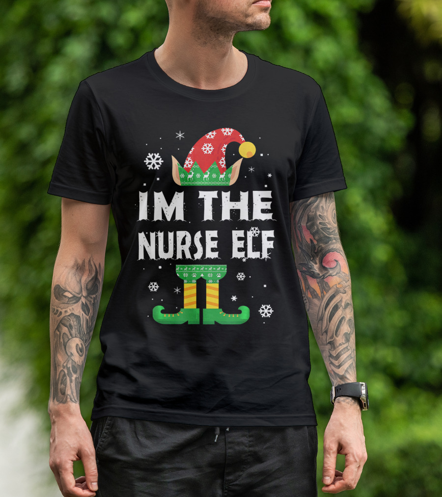Im The Nurse Elf Matching Family Group Christmas Holiday Snowflakes T-Shirt