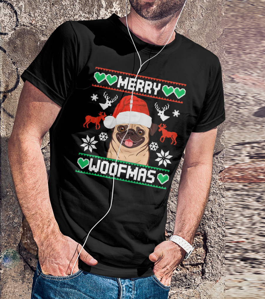 Merry Woofmas Christmas Xmas Santa Claus Dog Reindeer Pug In Santa Hat With Snowflakes And Green Hearts T-Shirt