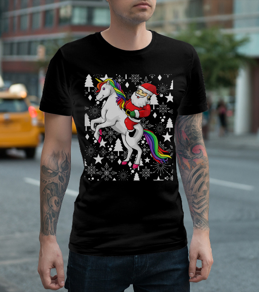 Santa Claus Riding a Unicorn Ugly Christmas Sweater with Stars and Snowflakes T-Shirt
