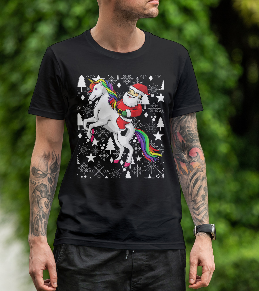 Santa Claus Riding A Unicorn Ugly Christmas Sweater With Stars And Snowflakes T-Shirt