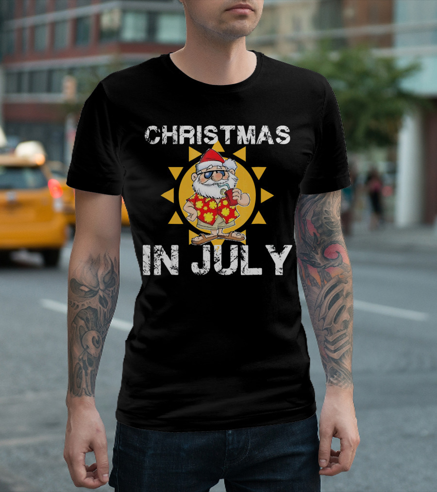 Christmas In July Funny Santa in Hawaiian Shirt with Sunglasses and Drink T-Shirt