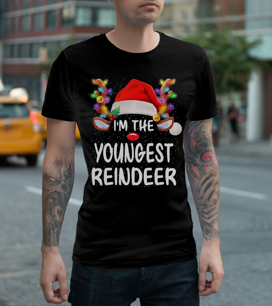 I'm The Youngest Reindeer Santa Hat Light-Up Antlers Snowfall T-Shirt