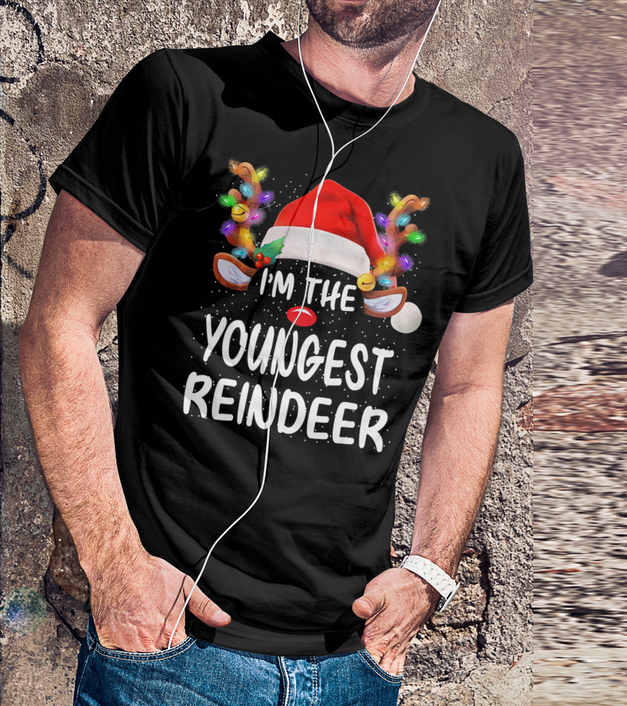 I'm The Youngest Reindeer Santa Hat Light-Up Antlers Snowfall T-Shirt