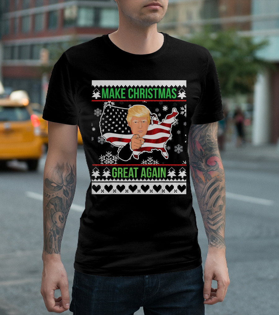 Make Christmas Great Again Donald Trump USA Flag Map Snowflakes T-Shirt