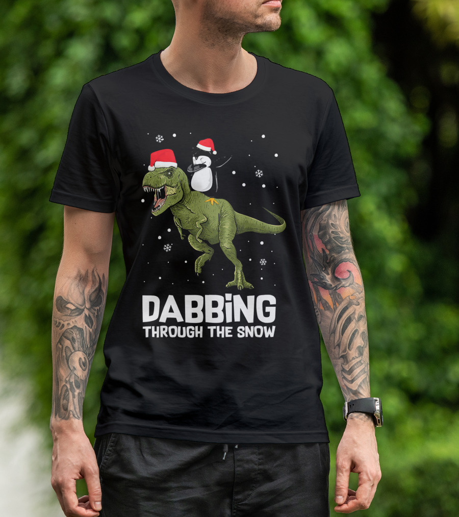 Dabbing Through The Snow Penguin On Dinosaur Christmas T-Shirt