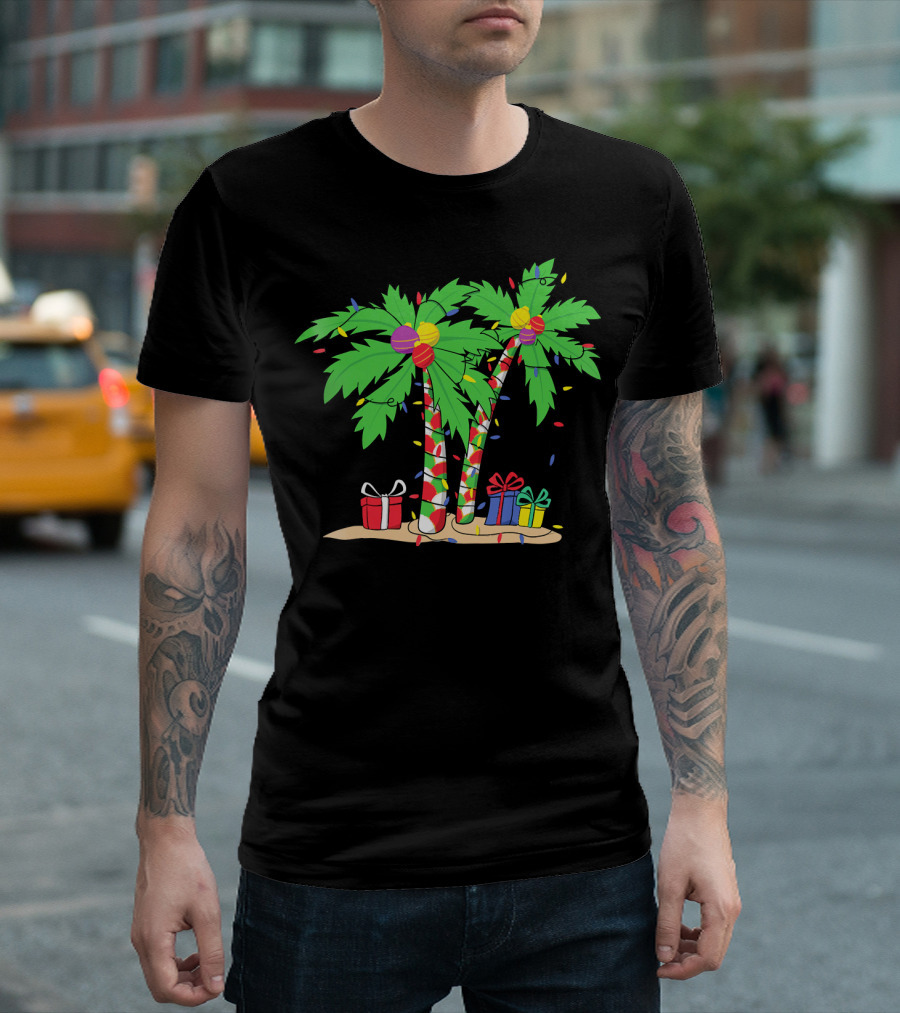 Decorated Christmas Palm Tree with Holiday Lights and Gifts T-Shirt