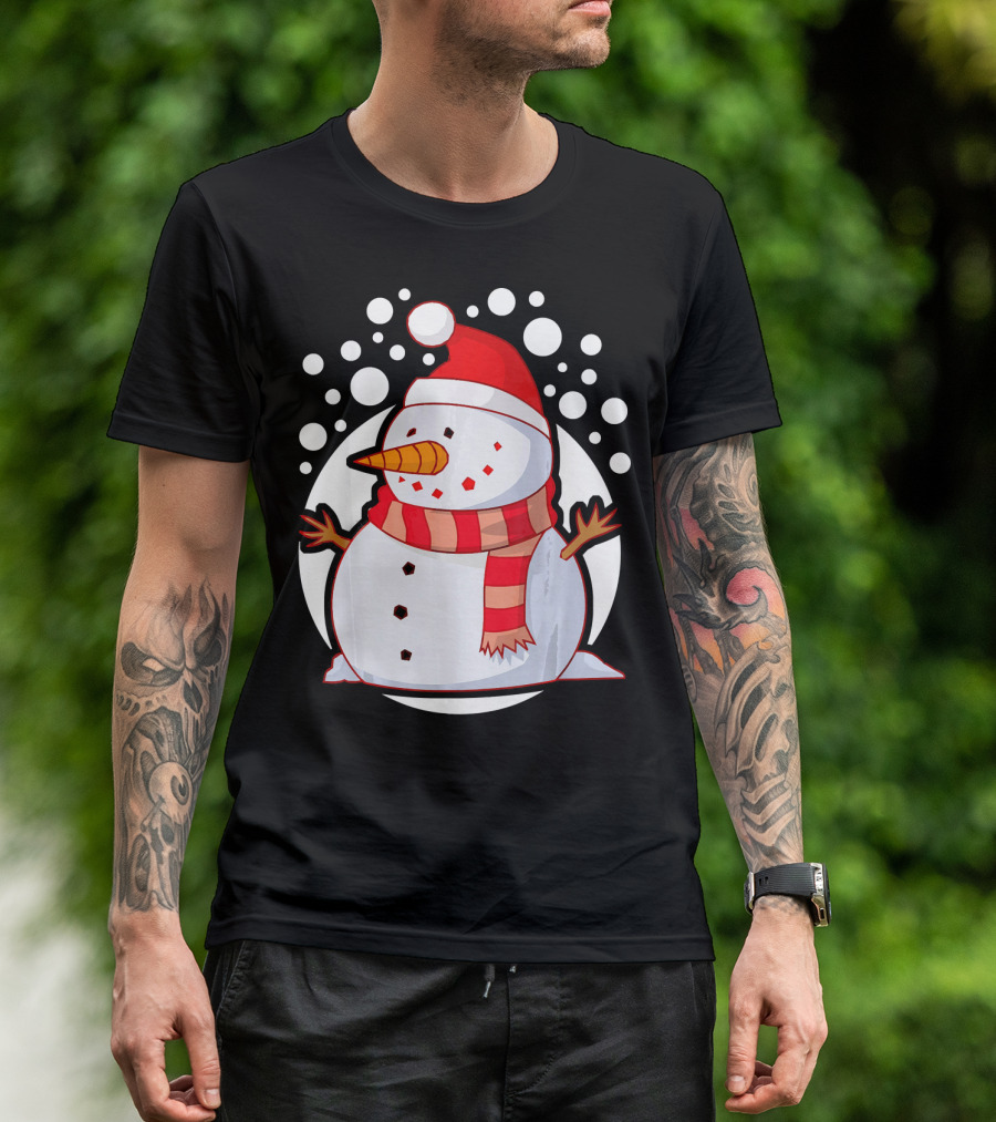 Winter Christmas Santa Snowman In Red Scarf And Hat T-Shirt
