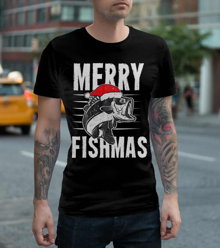 Merry Fishmas Funny Christmas Fishing Santa Hat Fish T-Shirt