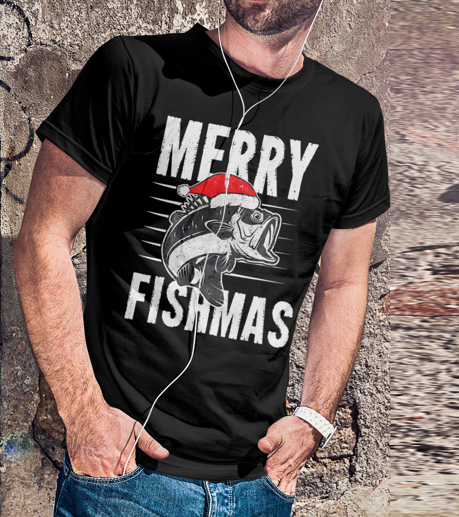 Merry Fishmas Funny Christmas Fishing Santa Hat Fish T-Shirt