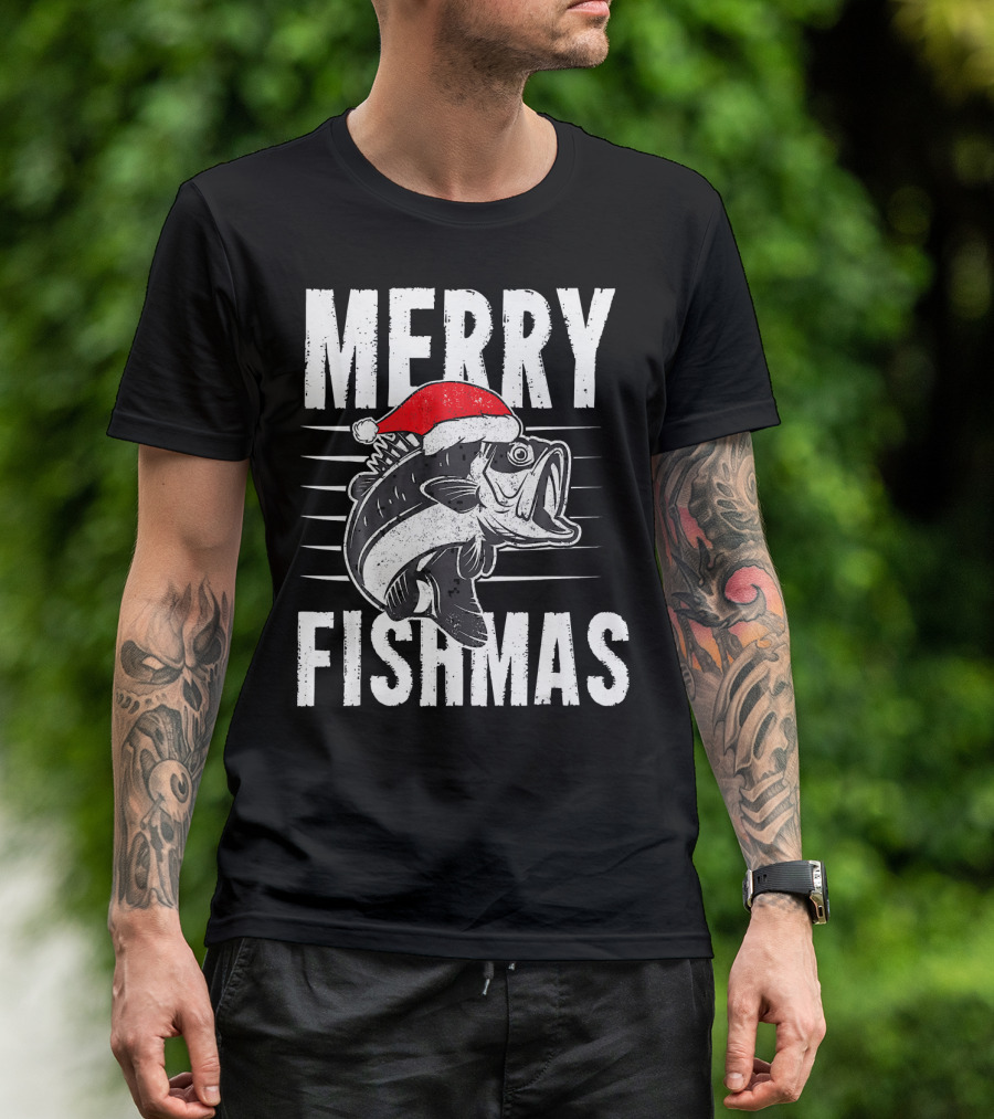 Merry Fishmas Funny Christmas Fishing Santa Hat Fish T-Shirt