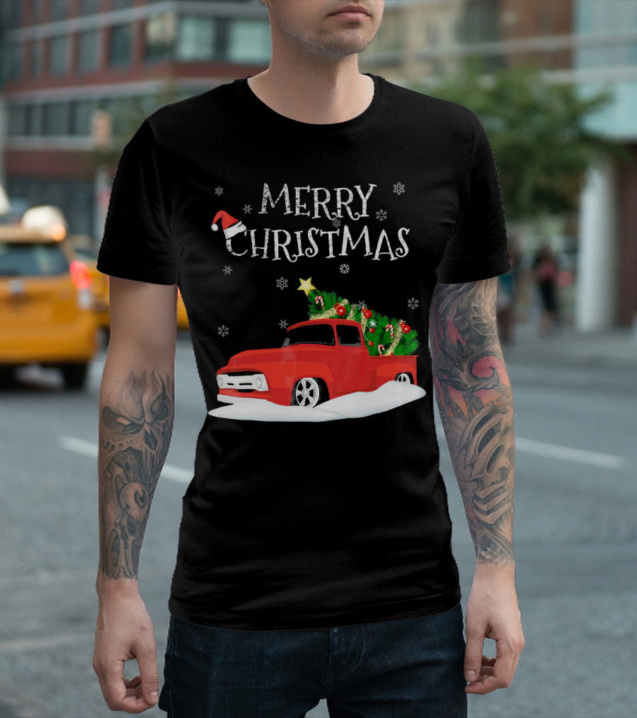 Merry Christmas Red Vintage Truck with Snow and Christmas Tree T-Shirt
