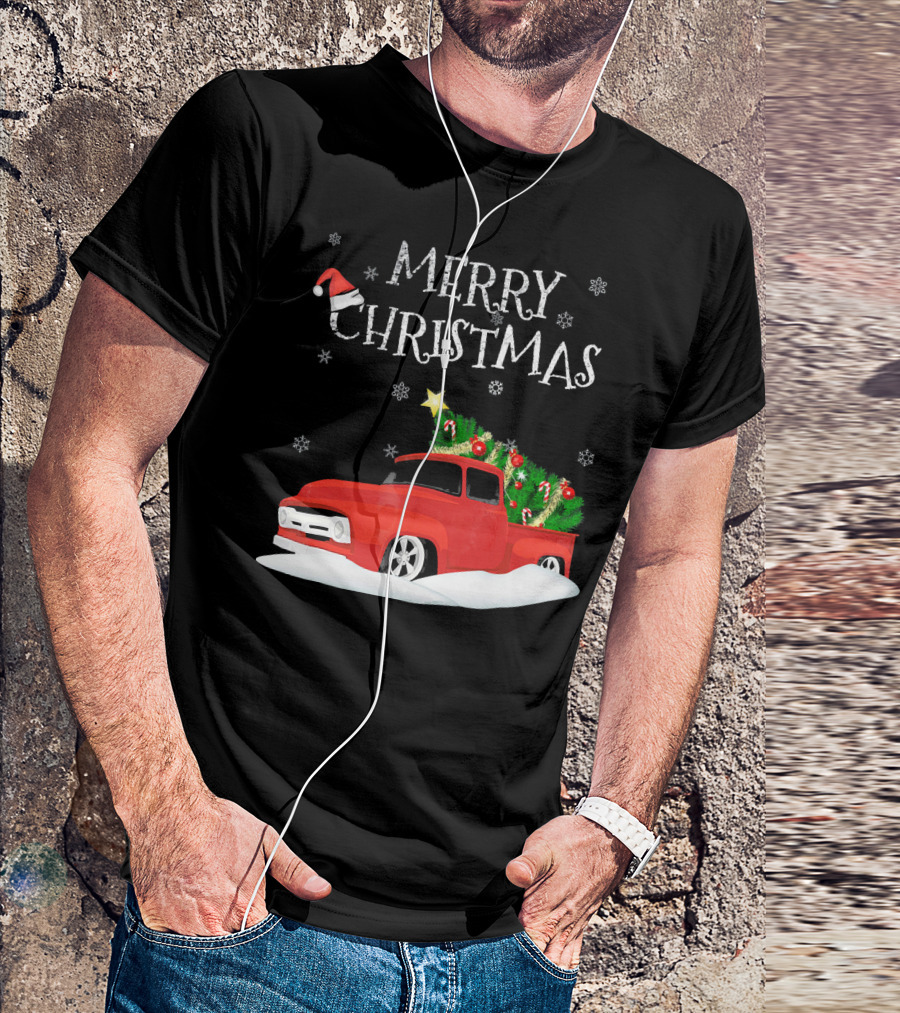 Merry Christmas Red Vintage Truck With Snow And Christmas Tree T-Shirt