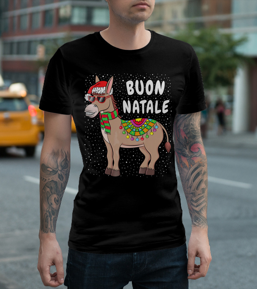 Buon Natale Christmas Donkey with Santa Hat and Colorful Lights T-Shirt
