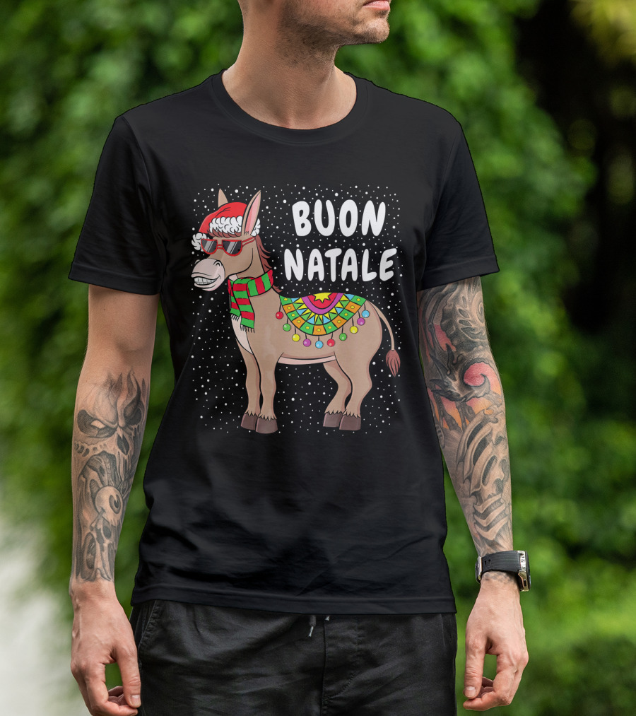 Buon Natale Christmas Donkey With Santa Hat And Colorful Lights T-Shirt