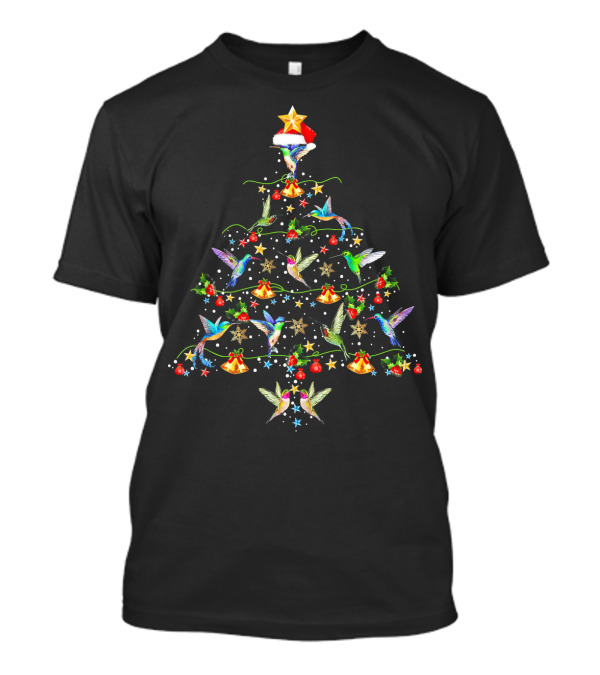Hummingbirds Christmas Tree Star Santa Hat Festive Bells Holiday Decor T-Shirt