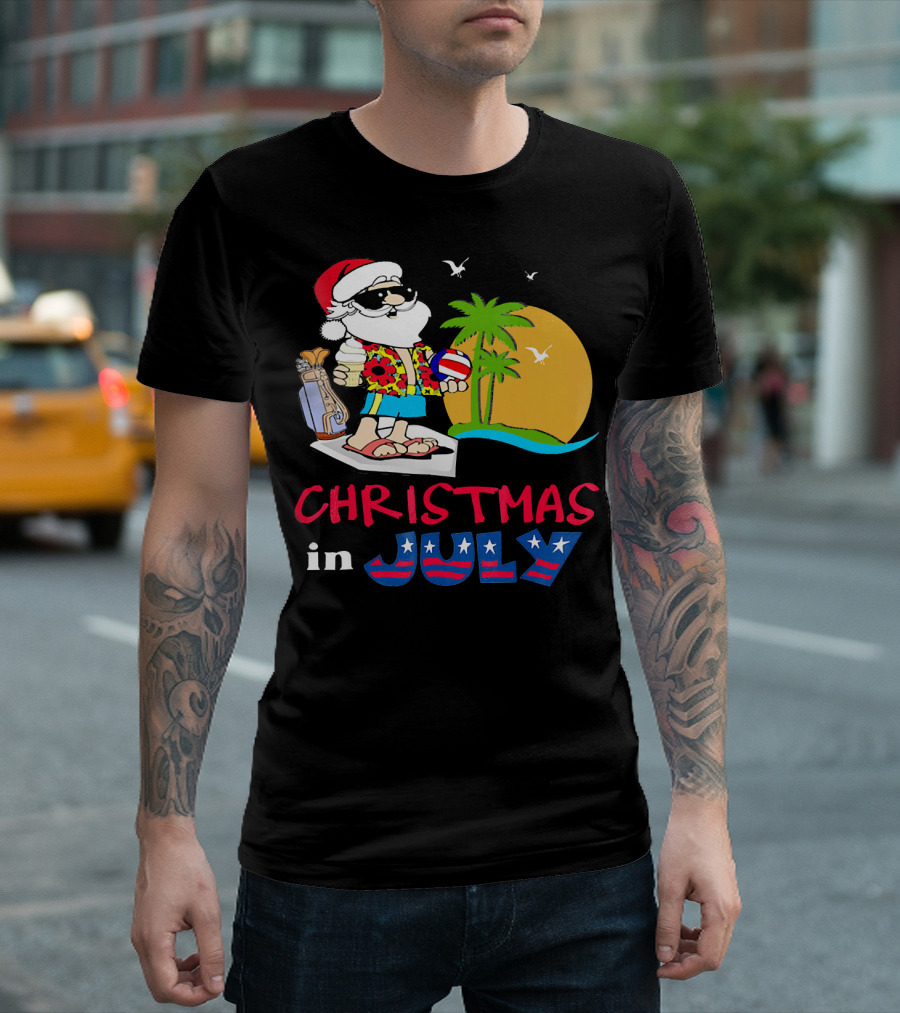 Christmas In July Funny Santa Summer Golf Sun And Palm Trees T-Shirt