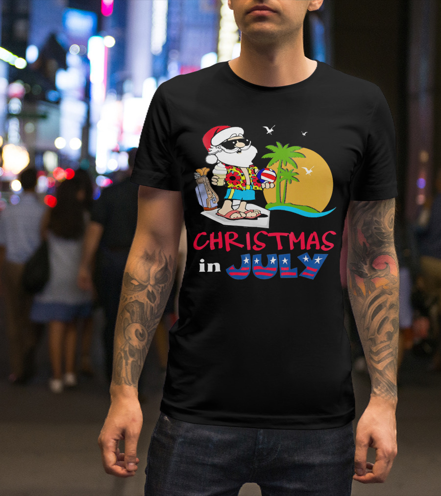 Christmas In July Funny Santa Summer Golf Sun And Palm Trees T-Shirt