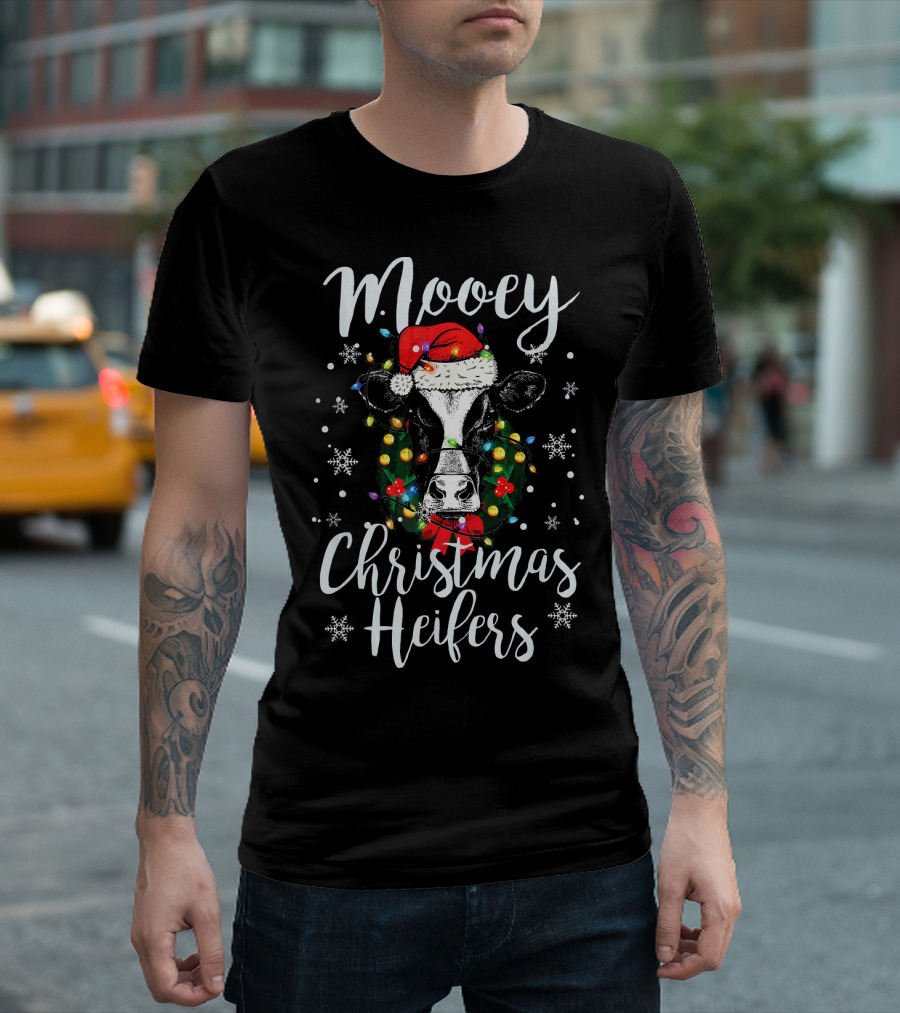 Mooey Christmas Heifers Santa Cow With Festive Lights And Snowflakes T-Shirt
