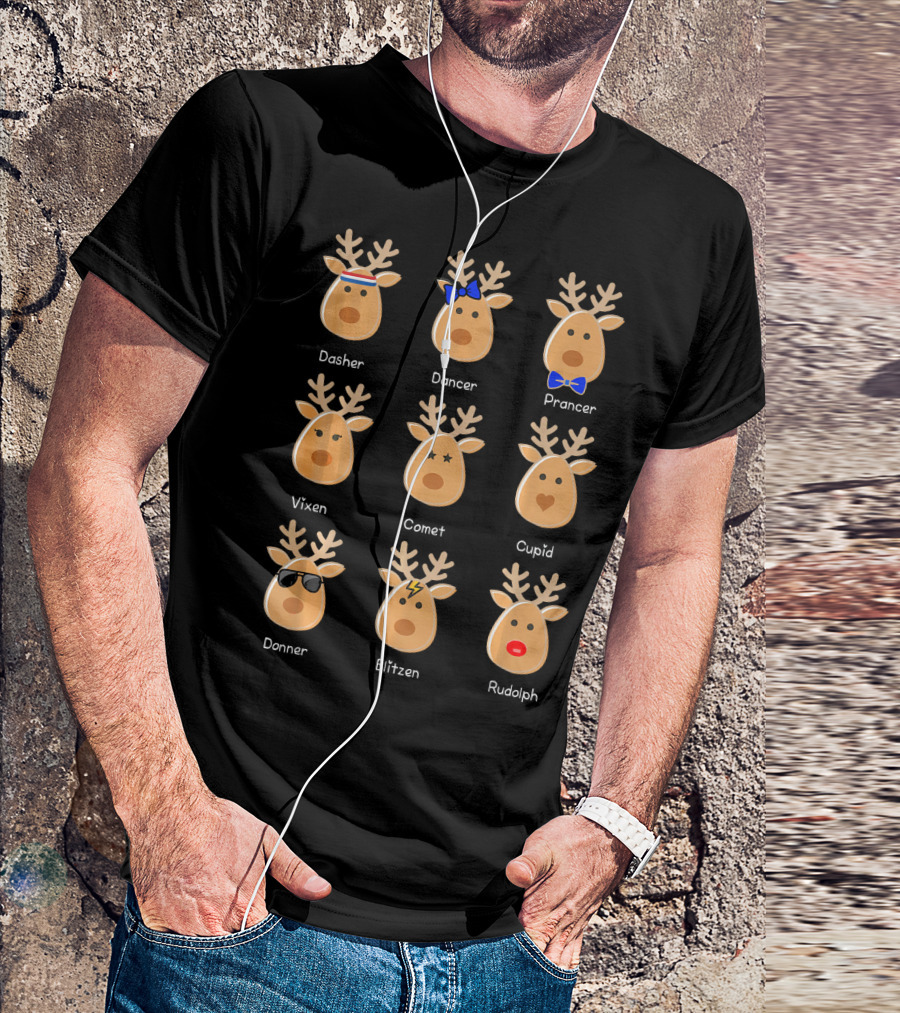 Cute Rudolph The Red-Nosed Reindeer Dasher Dancer Prancer Vixen Comet Cupid Donner Blitzen T-Shirt