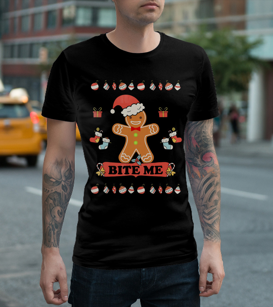 Ugly Christmas Bite Me Gingerbread Santa Hat Ornaments Stockings Gifts T-Shirt