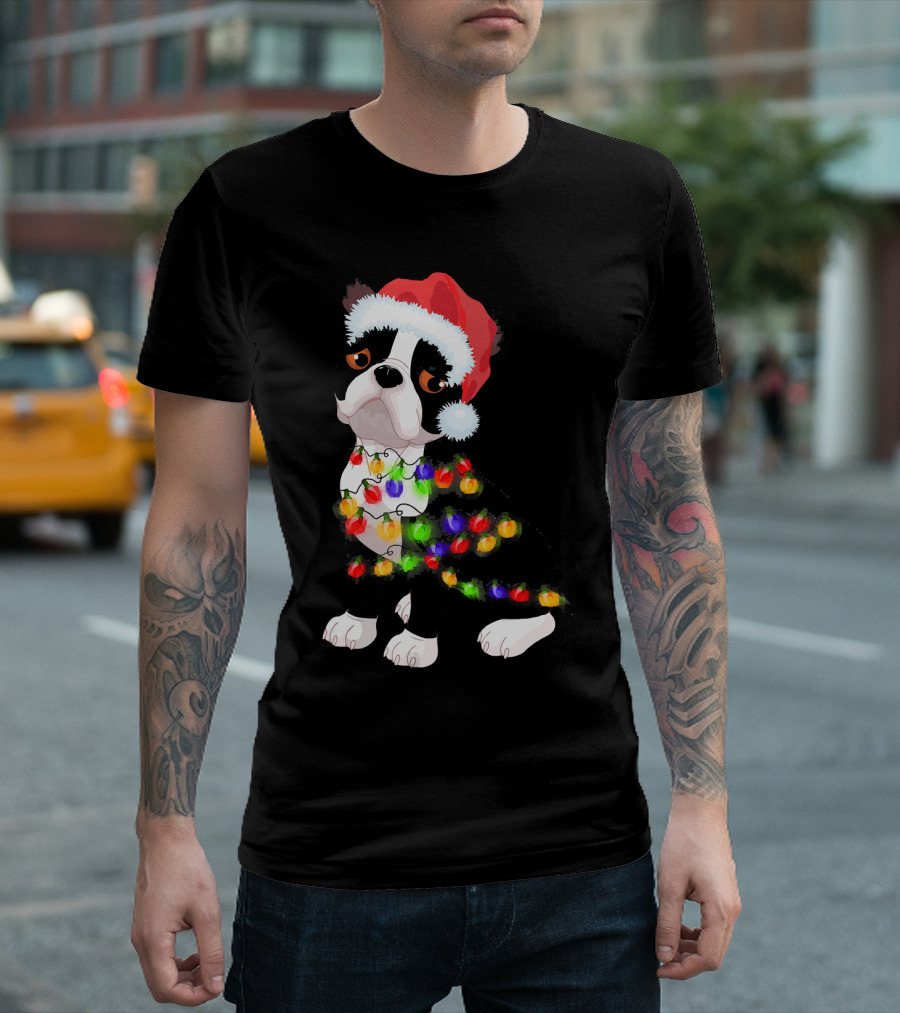Boston Terrier Christmas Lights Santa Hat T-Shirt