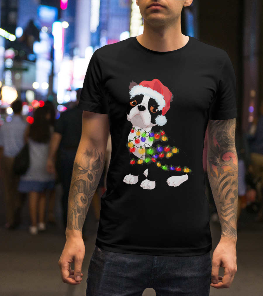 Boston Terrier Christmas Lights Santa Hat T-Shirt