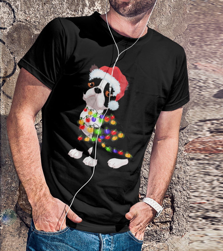 Boston Terrier Christmas Lights Santa Hat T-Shirt