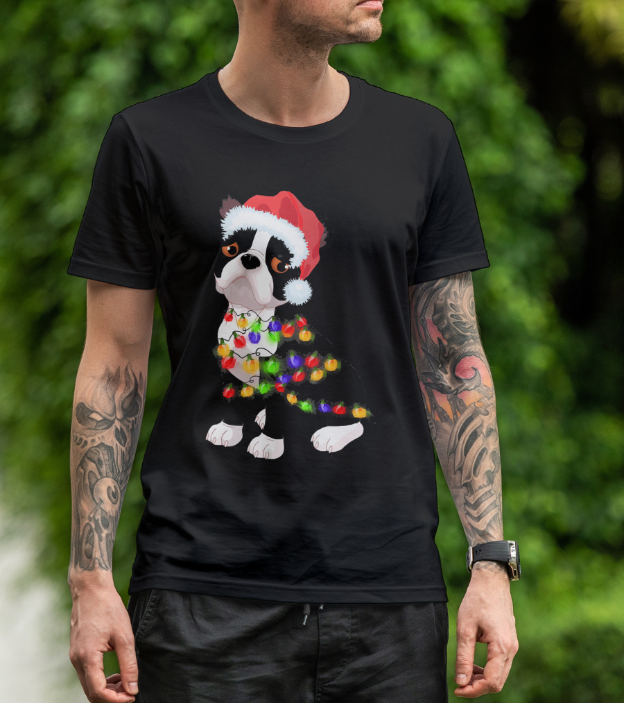 Boston Terrier Christmas Lights Santa Hat T-Shirt