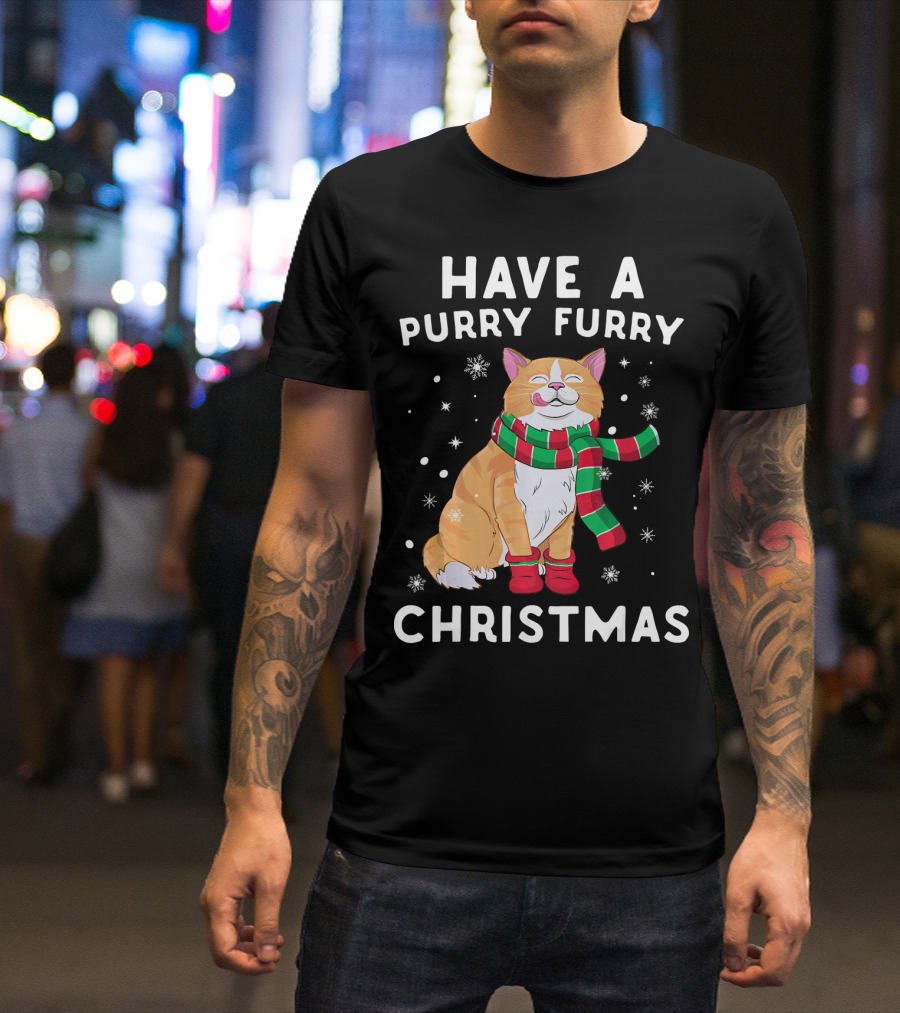 Have A Purry Furry Christmas Snowflakes And Cat With Scarf T-Shirt