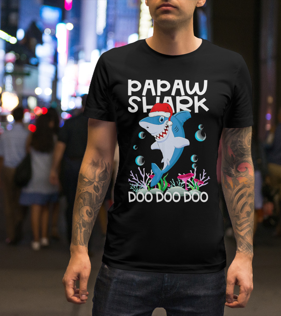 Papaw Shark Doo Doo Doo Santa Hat Coral Bubbles T-Shirt