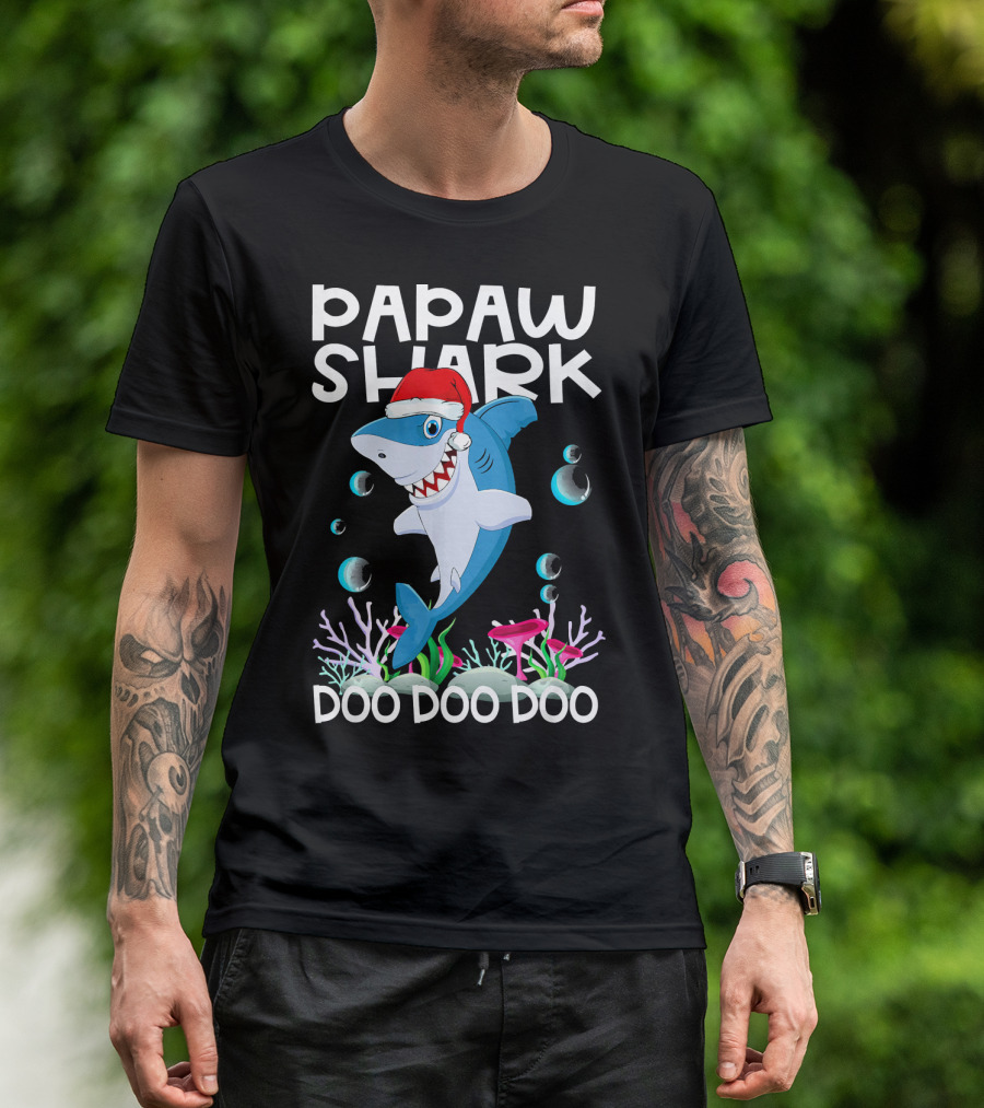 Papaw Shark Doo Doo Doo Santa Hat Coral Bubbles T-Shirt