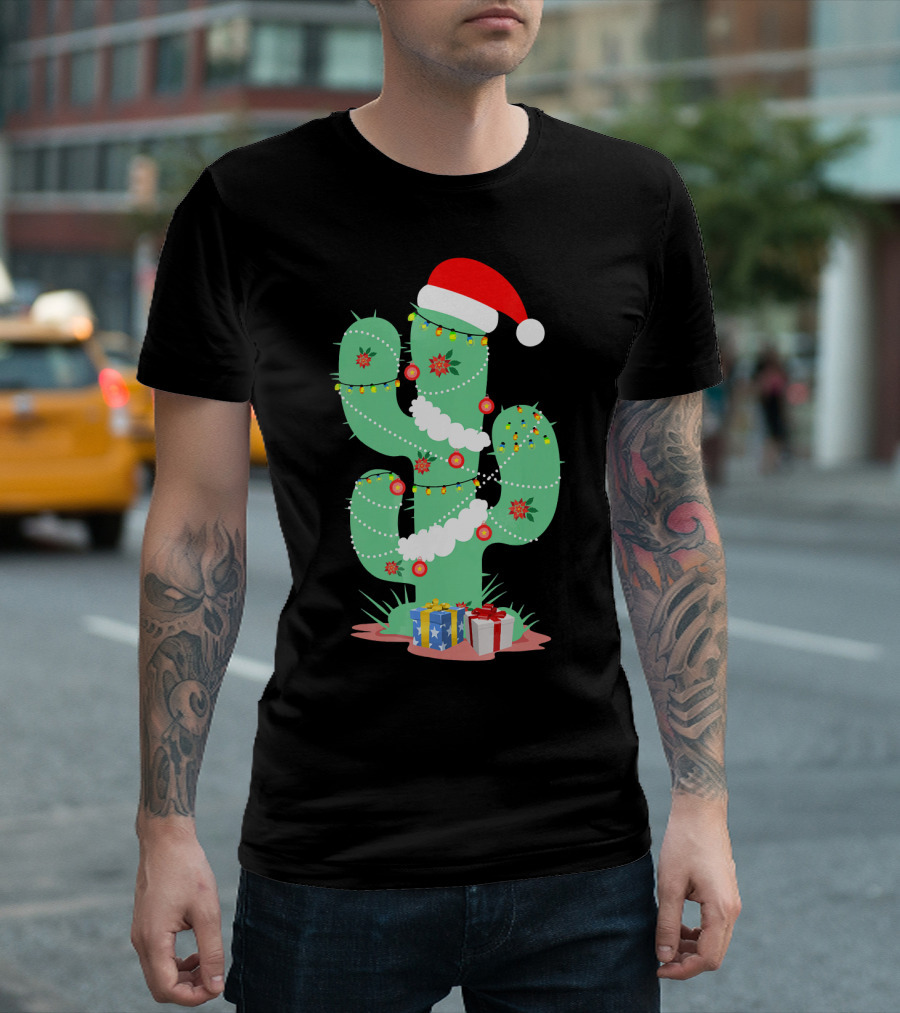 Funny Christmas Cactus with Santa Hat and Presents T-Shirt