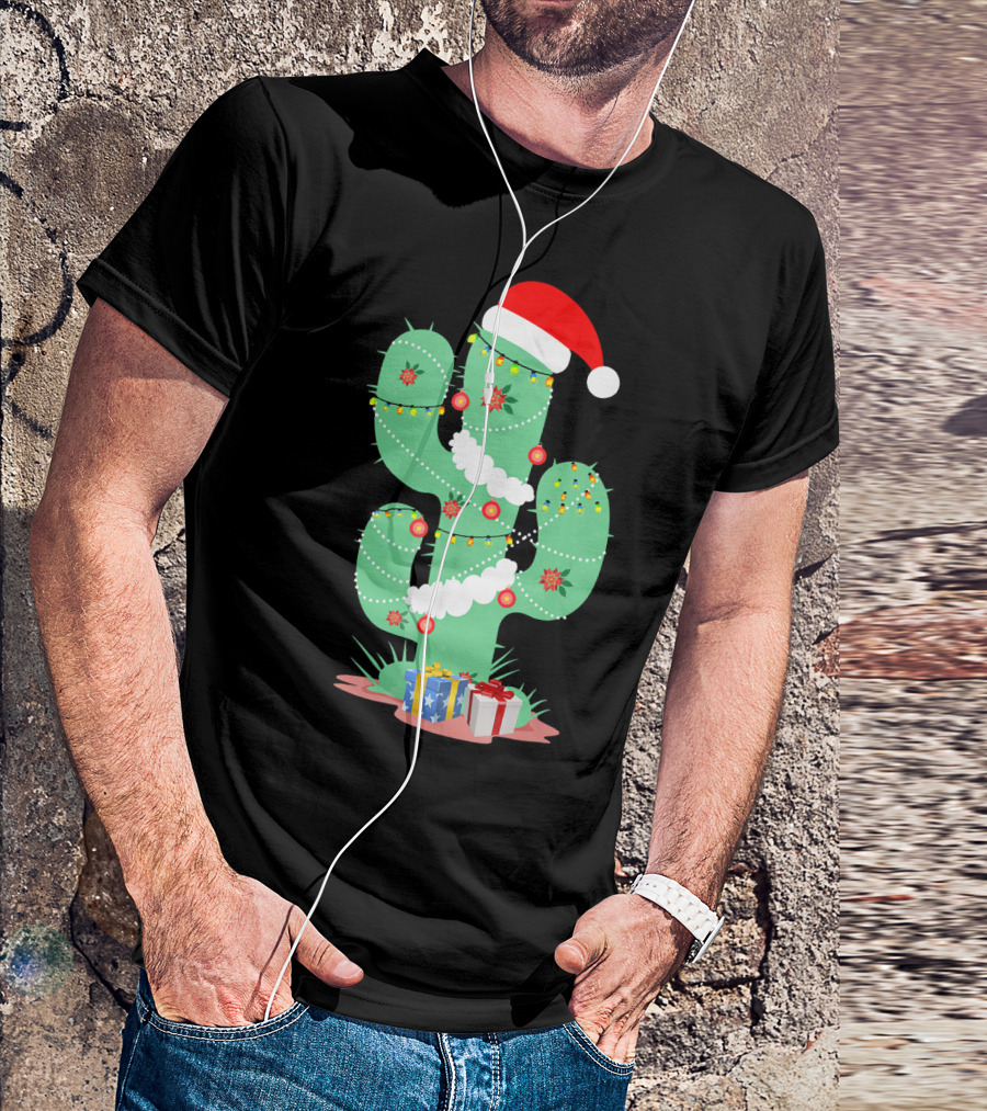 Funny Christmas Cactus With Santa Hat And Presents T-Shirt