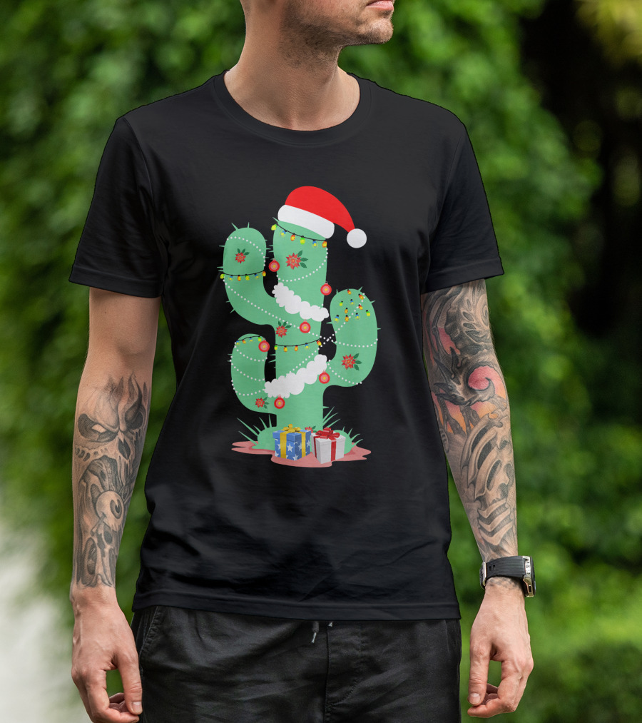Funny Christmas Cactus With Santa Hat And Presents T-Shirt