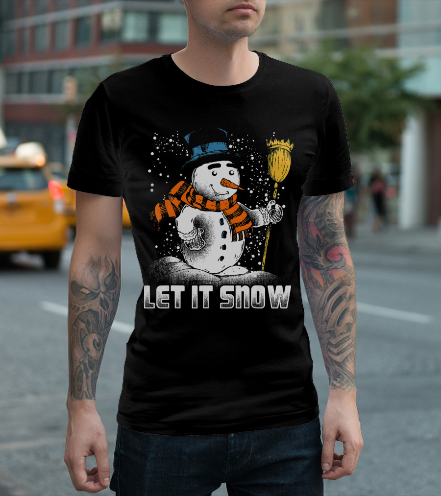 Let It Snow Snowman with Orange Scarf and Broom T-Shirt