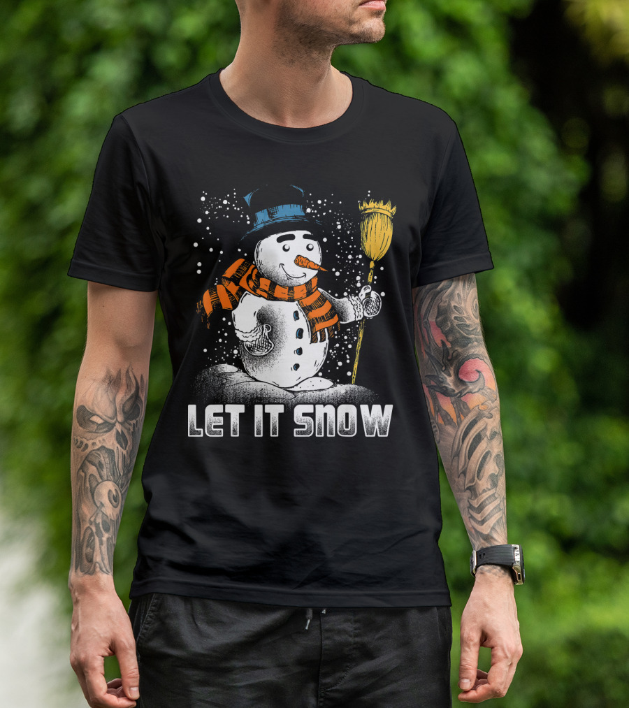 Let It Snow Snowman With Orange Scarf And Broom T-Shirt