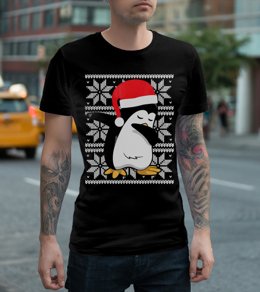 Ugly Christmas Dabbing Penguin Santa Hat Snowflake T-Shirt