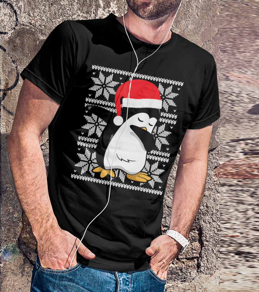 Ugly Christmas Dabbing Penguin Santa Hat Snowflake T-Shirt