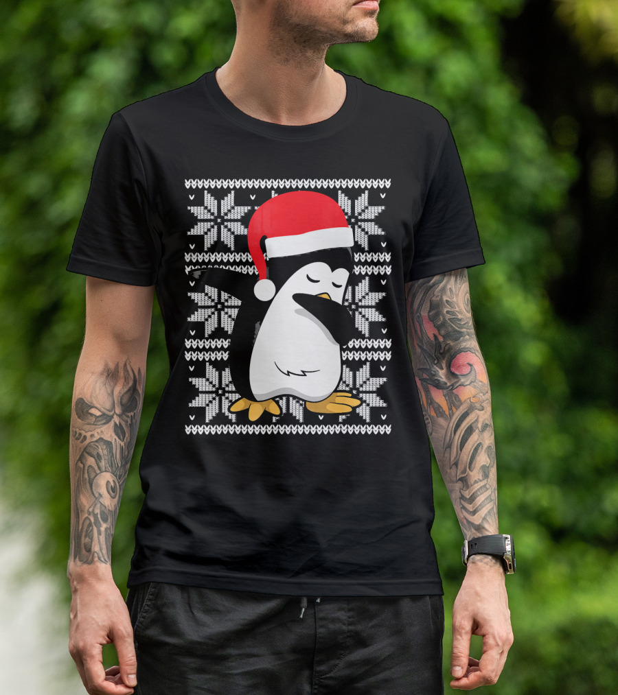 Ugly Christmas Dabbing Penguin Santa Hat Snowflake T-Shirt