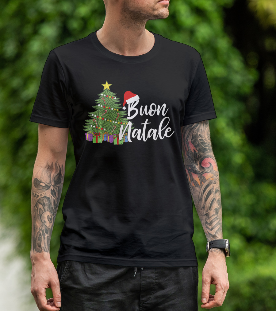 Buon Natale Italian Christmas Tree Santa Hat Tanti Auguri Regalo T-Shirt
