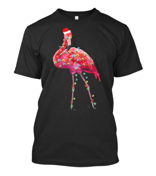 Cute Pink Flamingo Christmas Lights Santa Hat T-Shirt