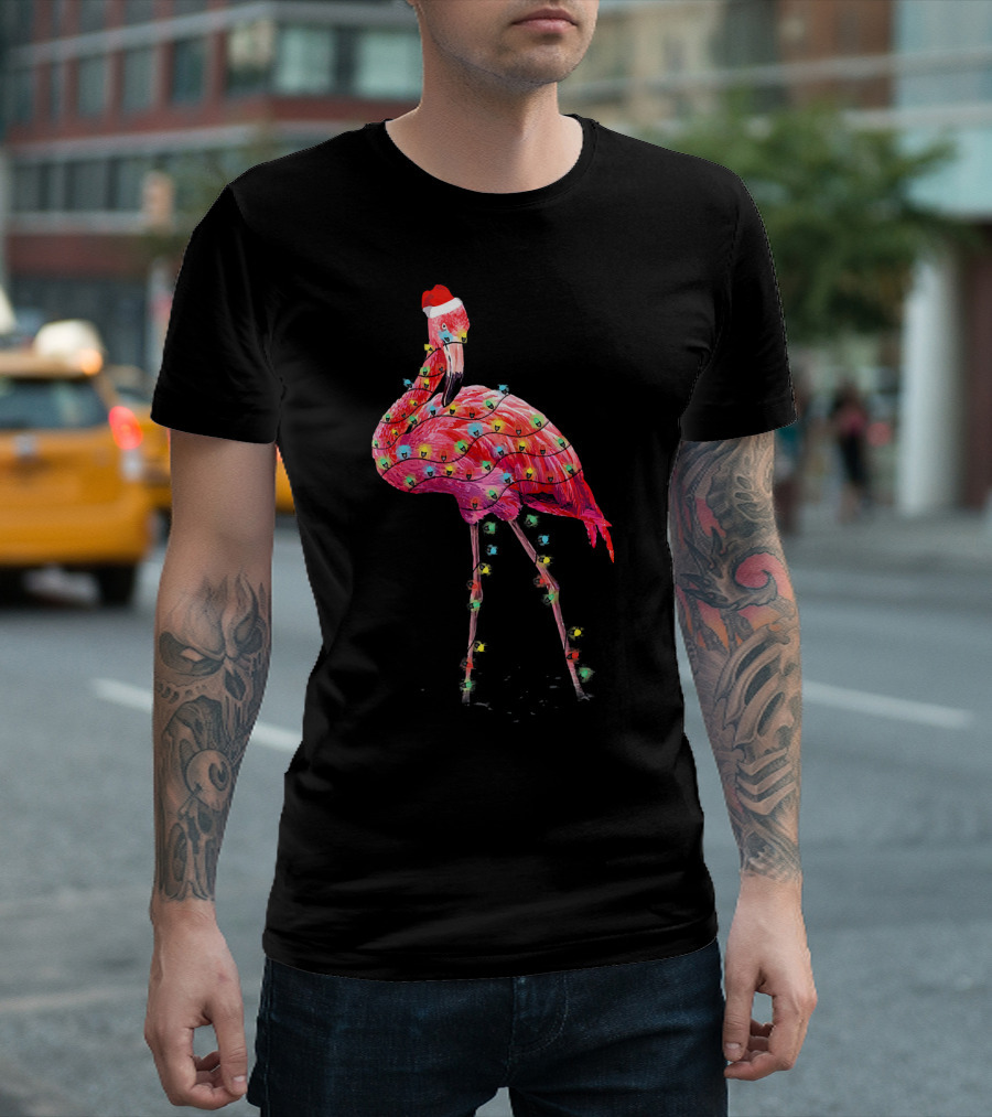 Cute Pink Flamingo Christmas Lights Santa Hat T-Shirt