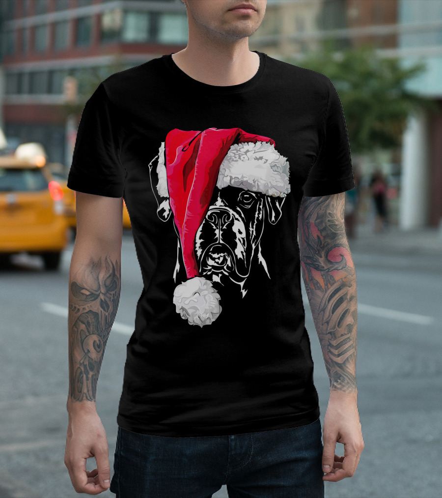 Funny Boxer Dog with Santa Hat Christmas T-Shirt