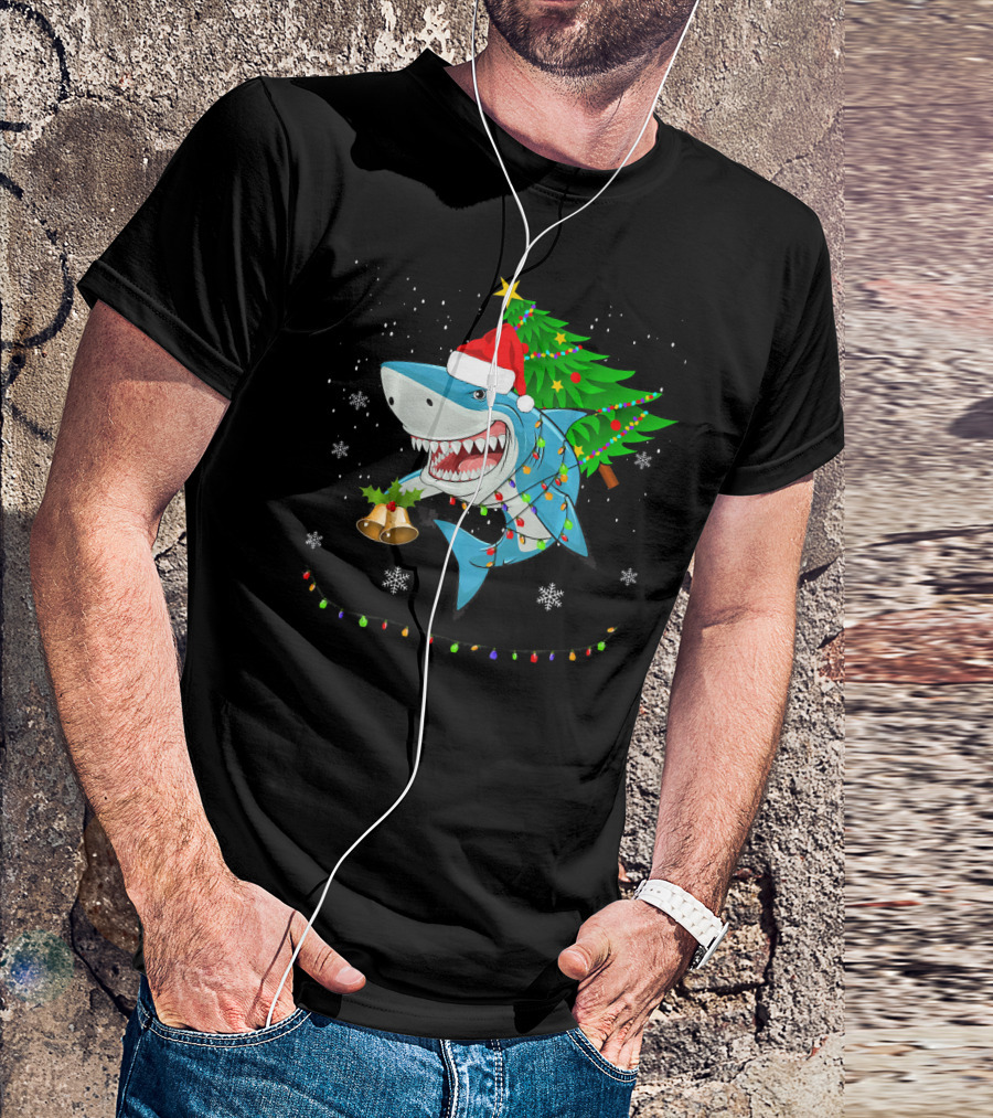 Shark Christmas Tree Santa Hat Holiday Lights Snowflakes T-Shirt